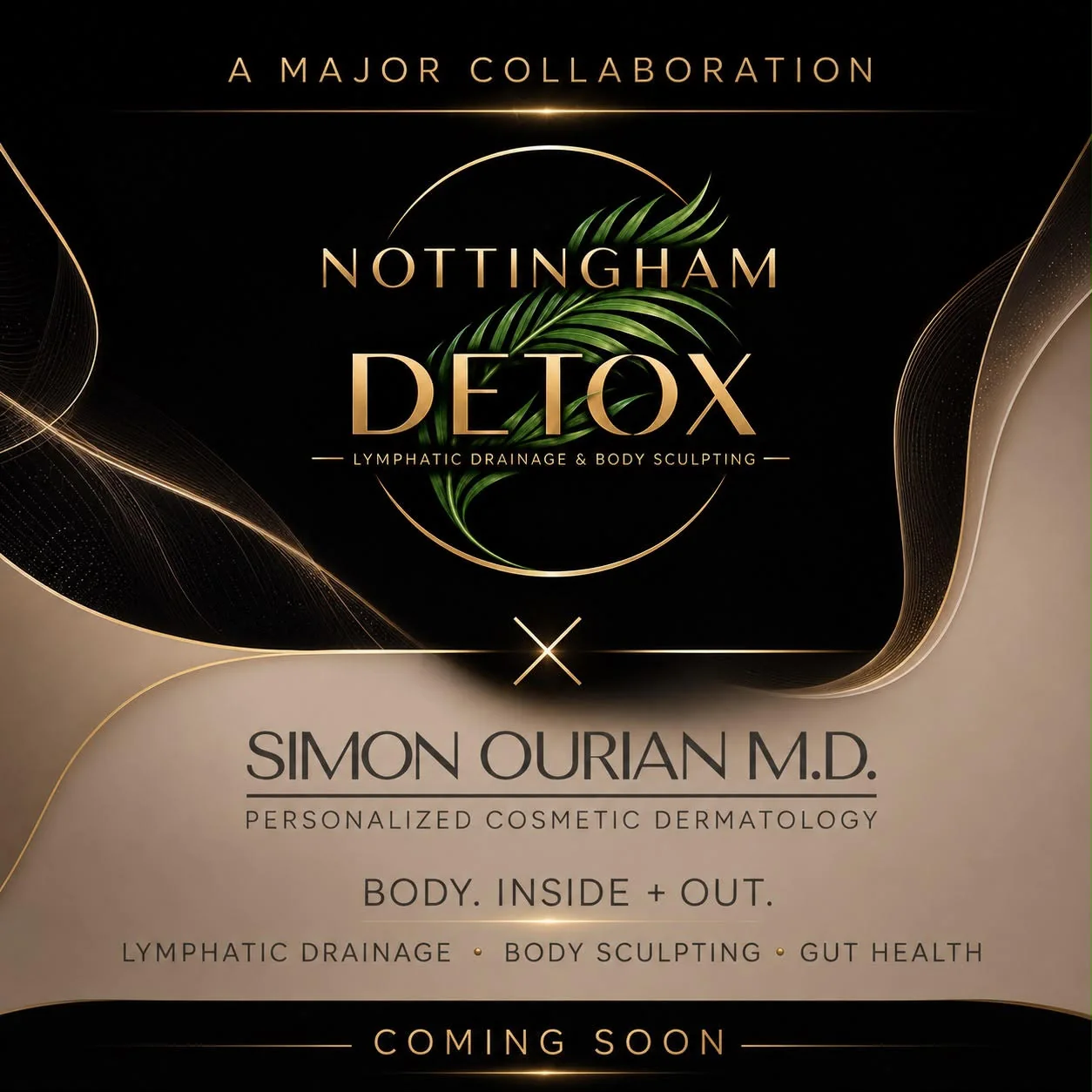 A major collaboration: Nottingham Detox, lymphatic drainage and body sculpting, with Simon Ourian M.D., personalized cosmetic dermatology. Body, inside and out: lymphatic drainage, body sculpting, gut health. Coming soon.